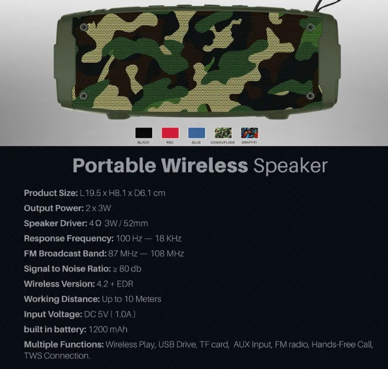 Portable Bluetooth speaker in black, blue, camouflage, graffiti, hip hop, or red colour with USB port