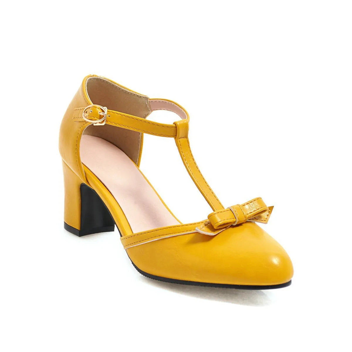 Women's apricot coloured sandals with a chunky heel, buckle strap, and bow detail on the toe.