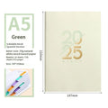 A5 daily planner with faux leather cover in blue, showing open pages of Dorian paper