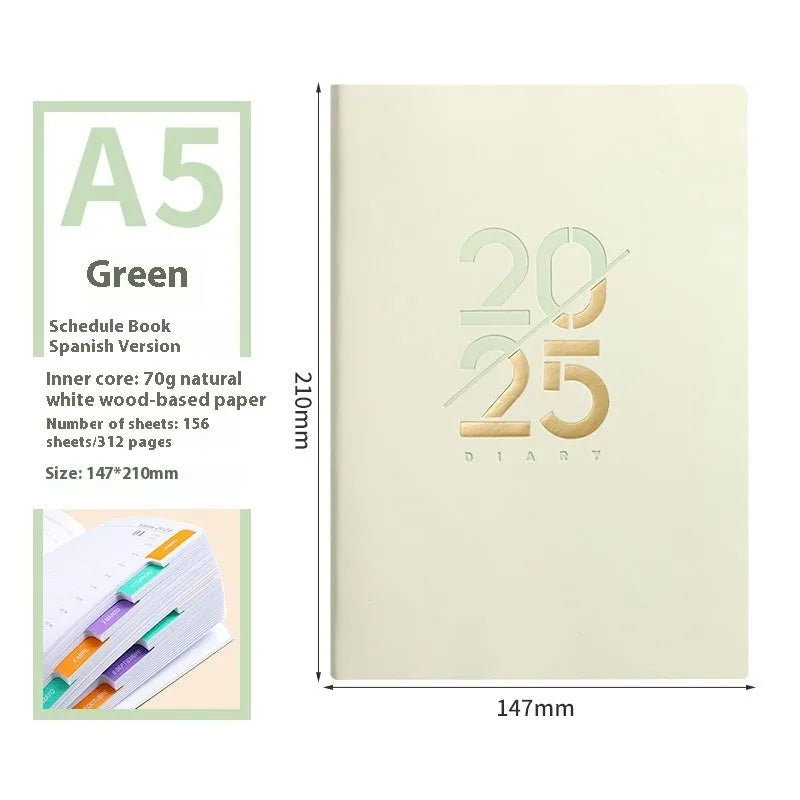 A5 daily planner with faux leather cover in blue, showing open pages of Dorian paper