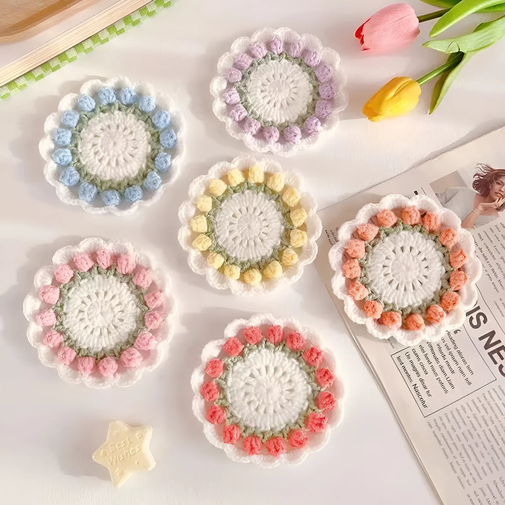 Handmade woven floral coaster in a choice of red, yellow, purple, or pink cotton and linen.