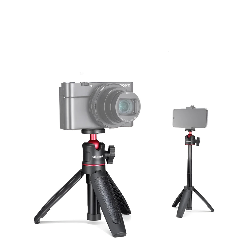 Black red and white mini aluminium tripod with extension stick for mobile phones and sports cameras.