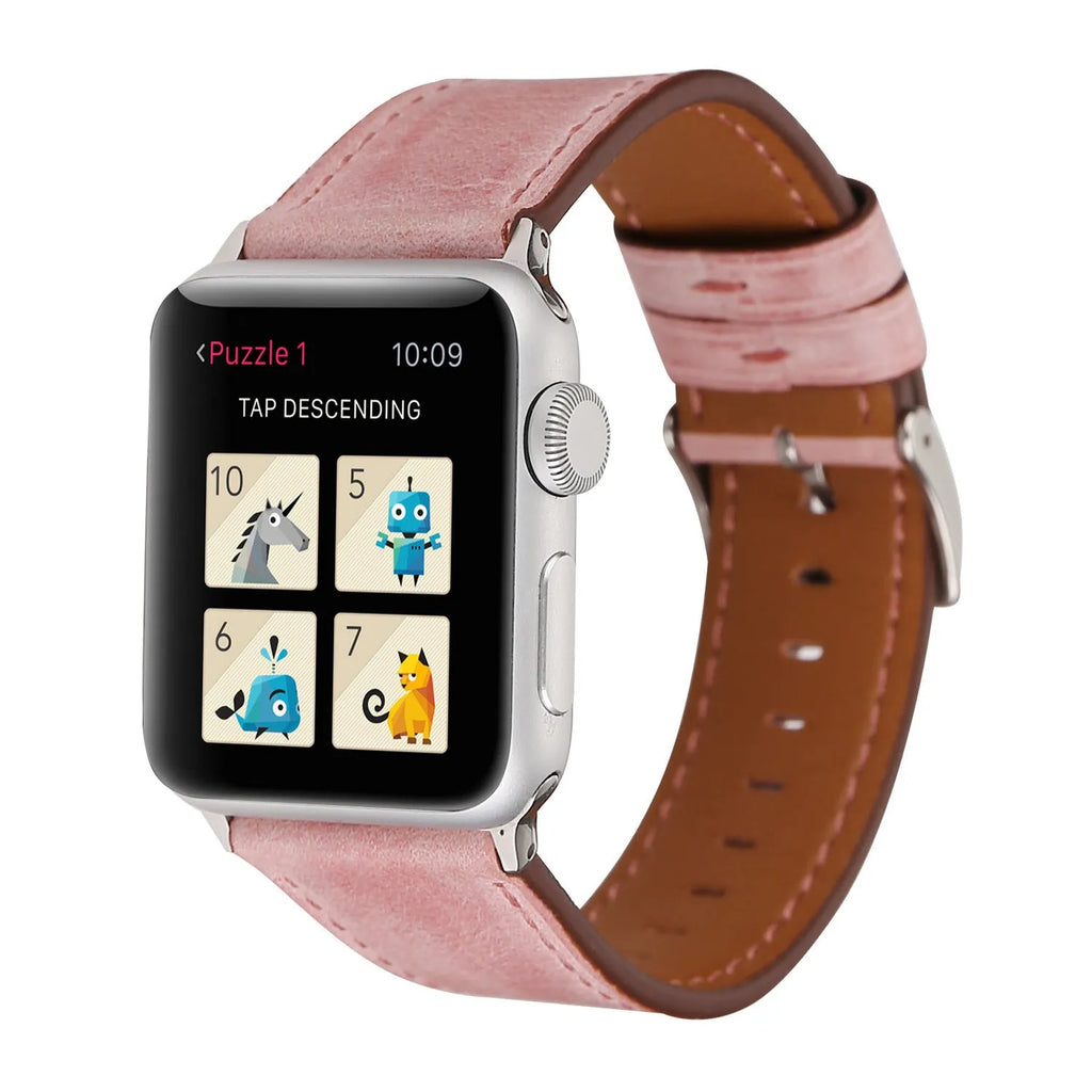 Blue leather watch strap with a silver folding buckle on a 42mm width setting.