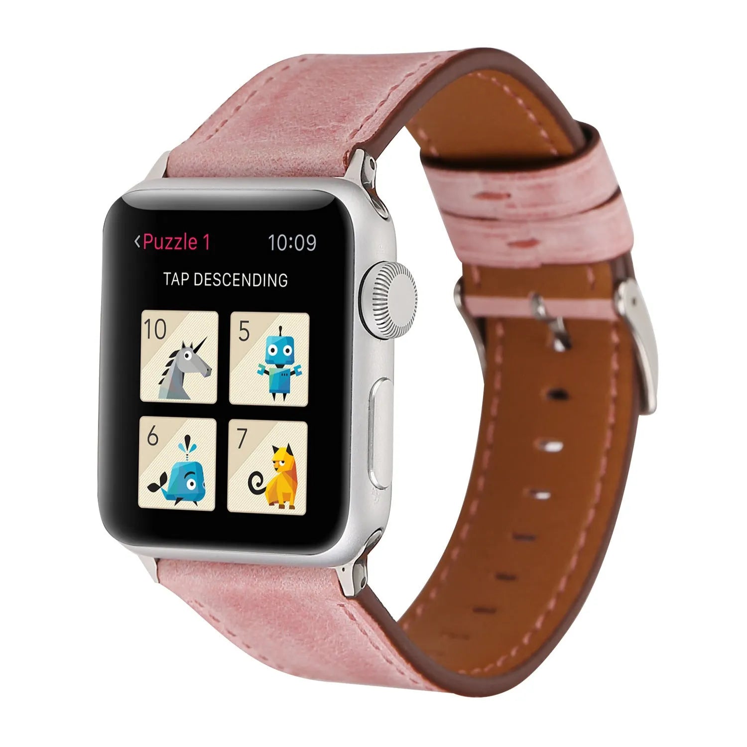 Blue leather watch strap with a silver folding buckle on a 42mm width setting.
