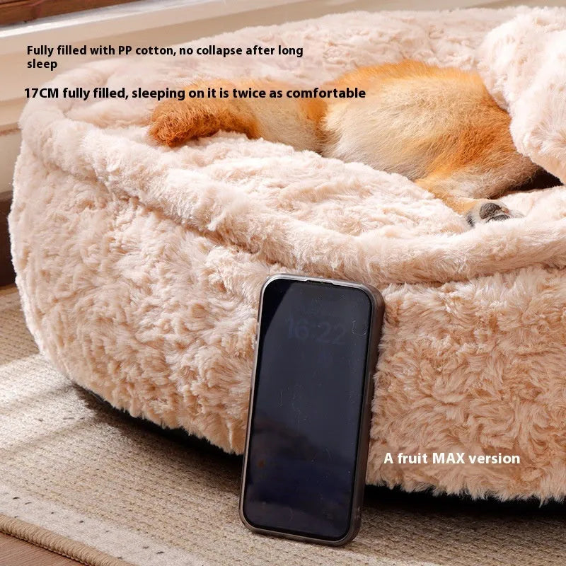 Round nest pet bed in milk tea colour with removable washable cover