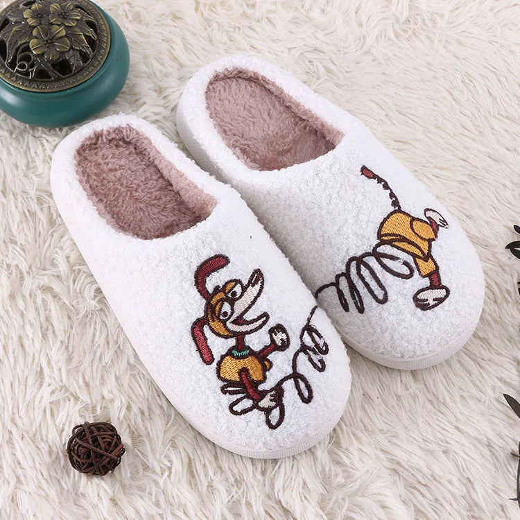 White cartoon fluffy slippers with toe holder design and non-slip rubber soles