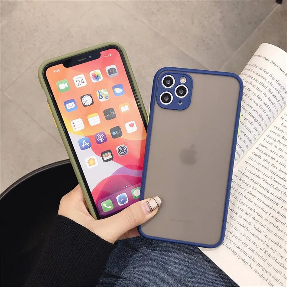 Solid colour silicone shockproof protective case for iPhone with transparent sleeve, shown in black.