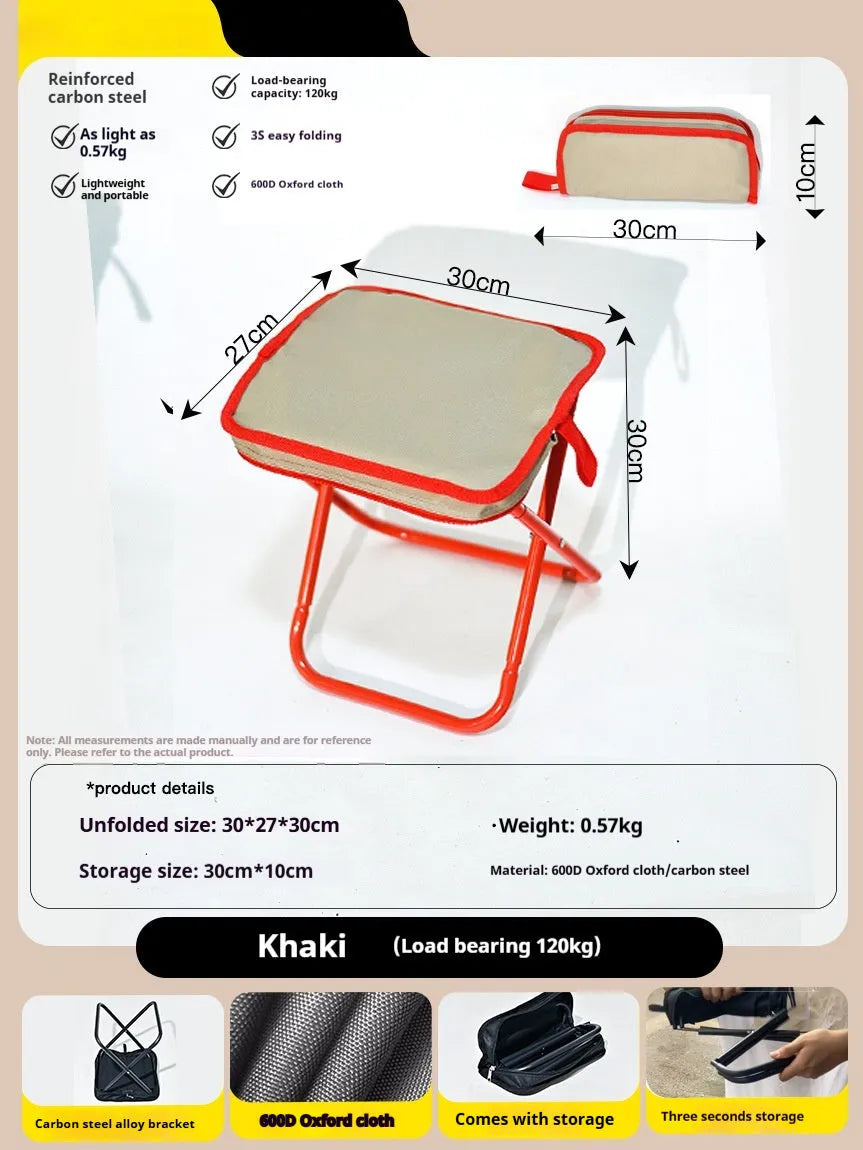Lightweight foldable camp stool in khaki with an attached crossbody bag, shown in a compact, portable form.