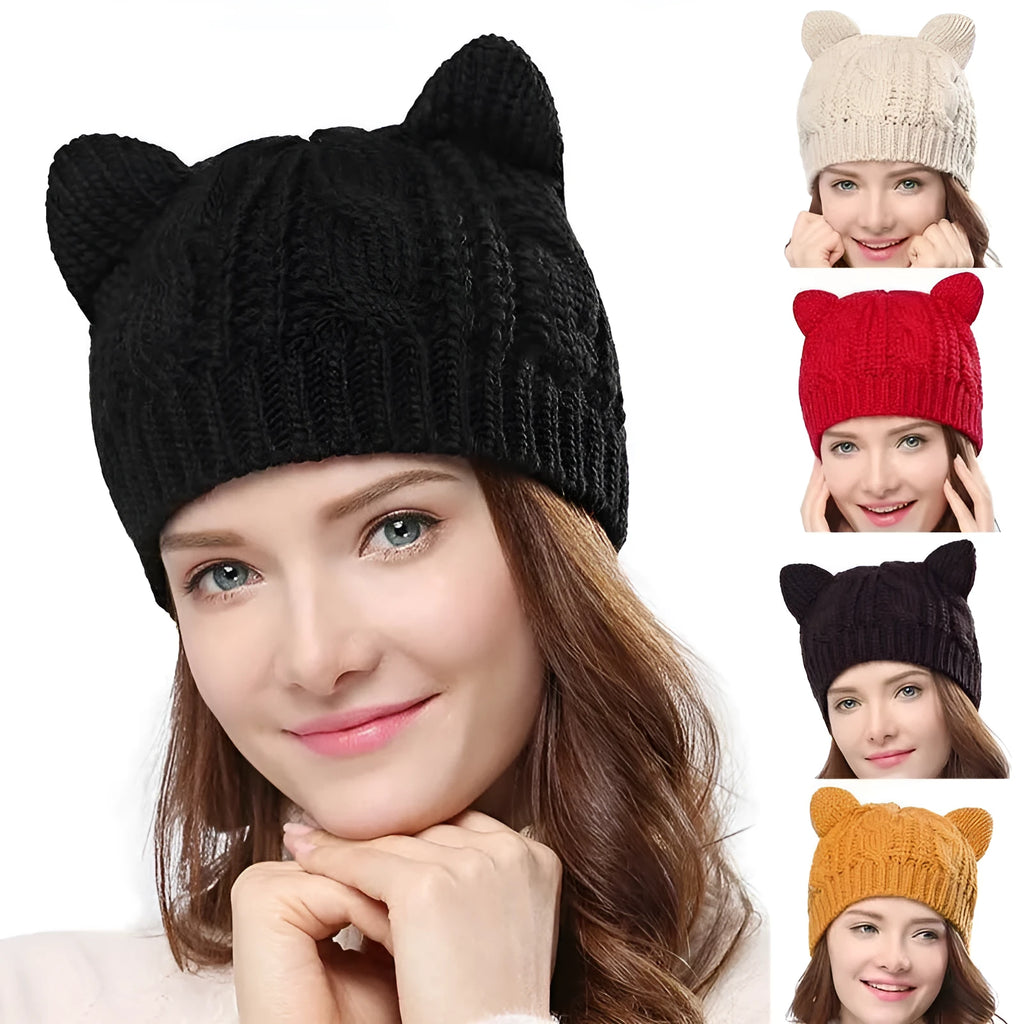 Hand-made 3D knitted cat ear beanie with pom-pom in wool, showing red colour option