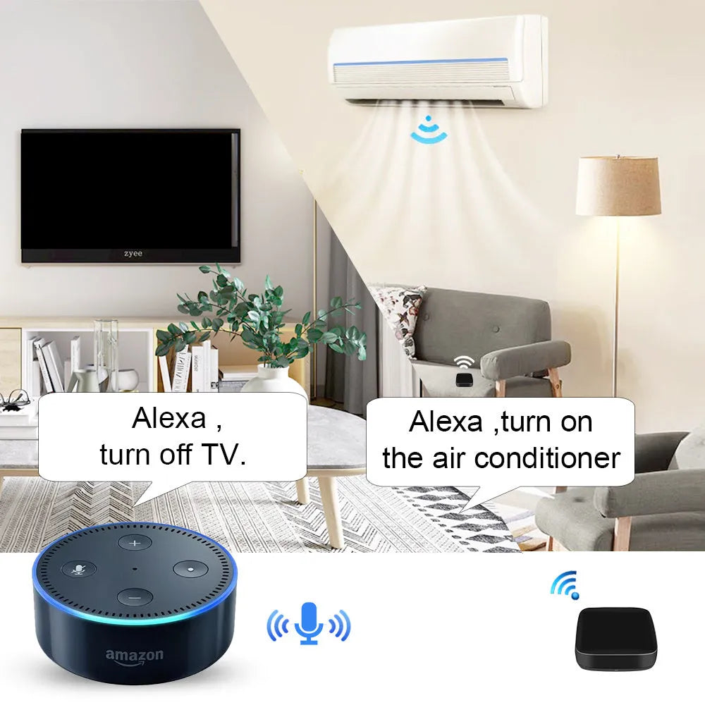 Black universal infrared remote control with voice command capability and environmental sensors