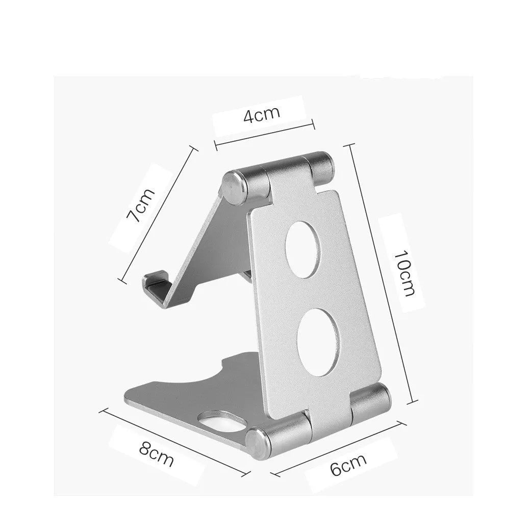 Folding mini mobile phone bracket in black, silver, rose, rose gold or champagne gold, for bed and desktop use.