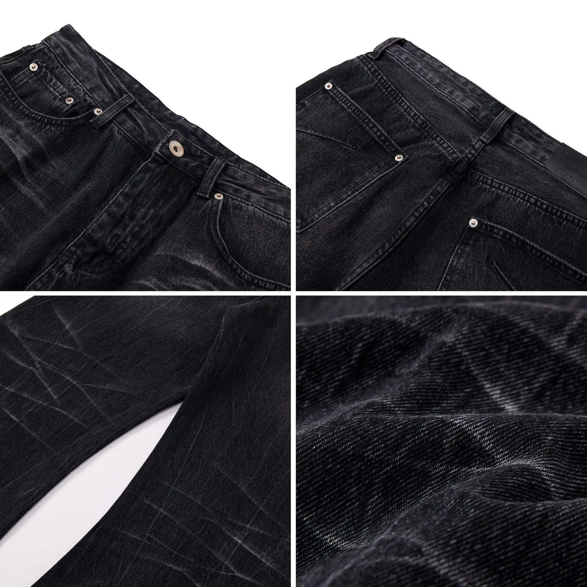 Black straight-leg men's jeans with a distressed lightning crack pattern on the legs.