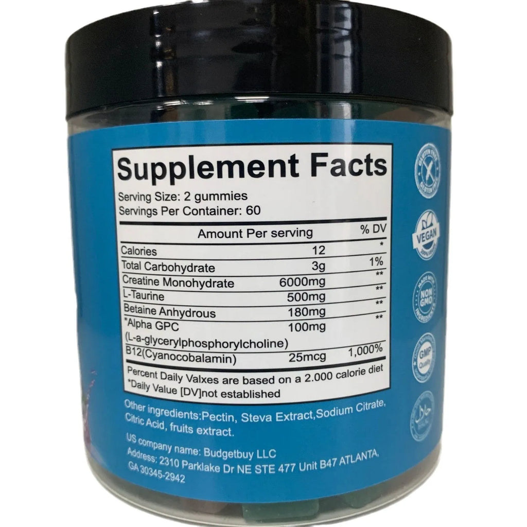 Bottle of raspberry flavoured creatine monohydrate gummies containing 120 soft candy supplements