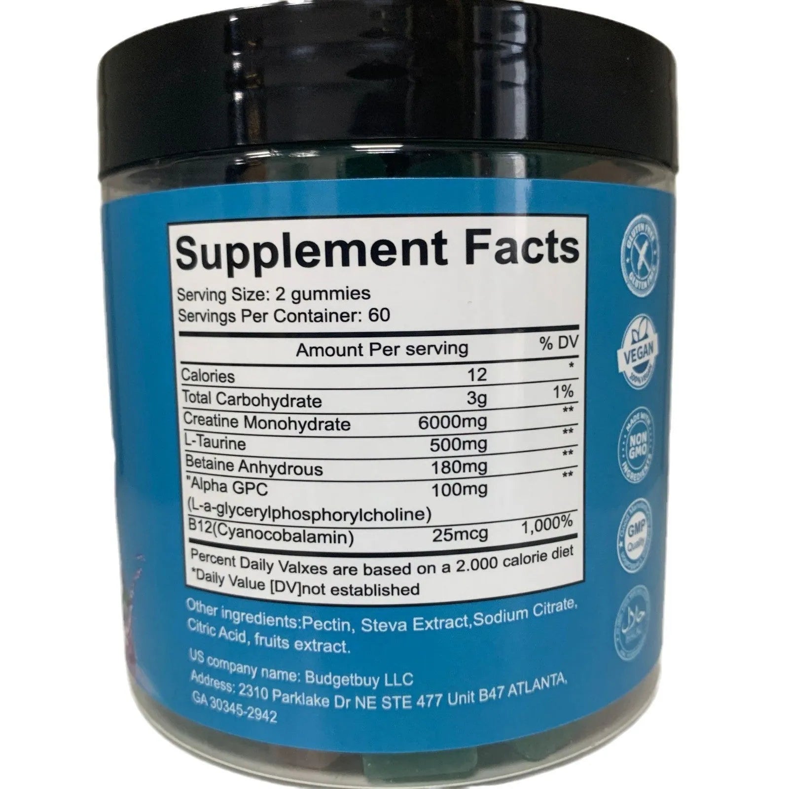 Bottle of raspberry flavoured creatine monohydrate gummies containing 120 soft candy supplements