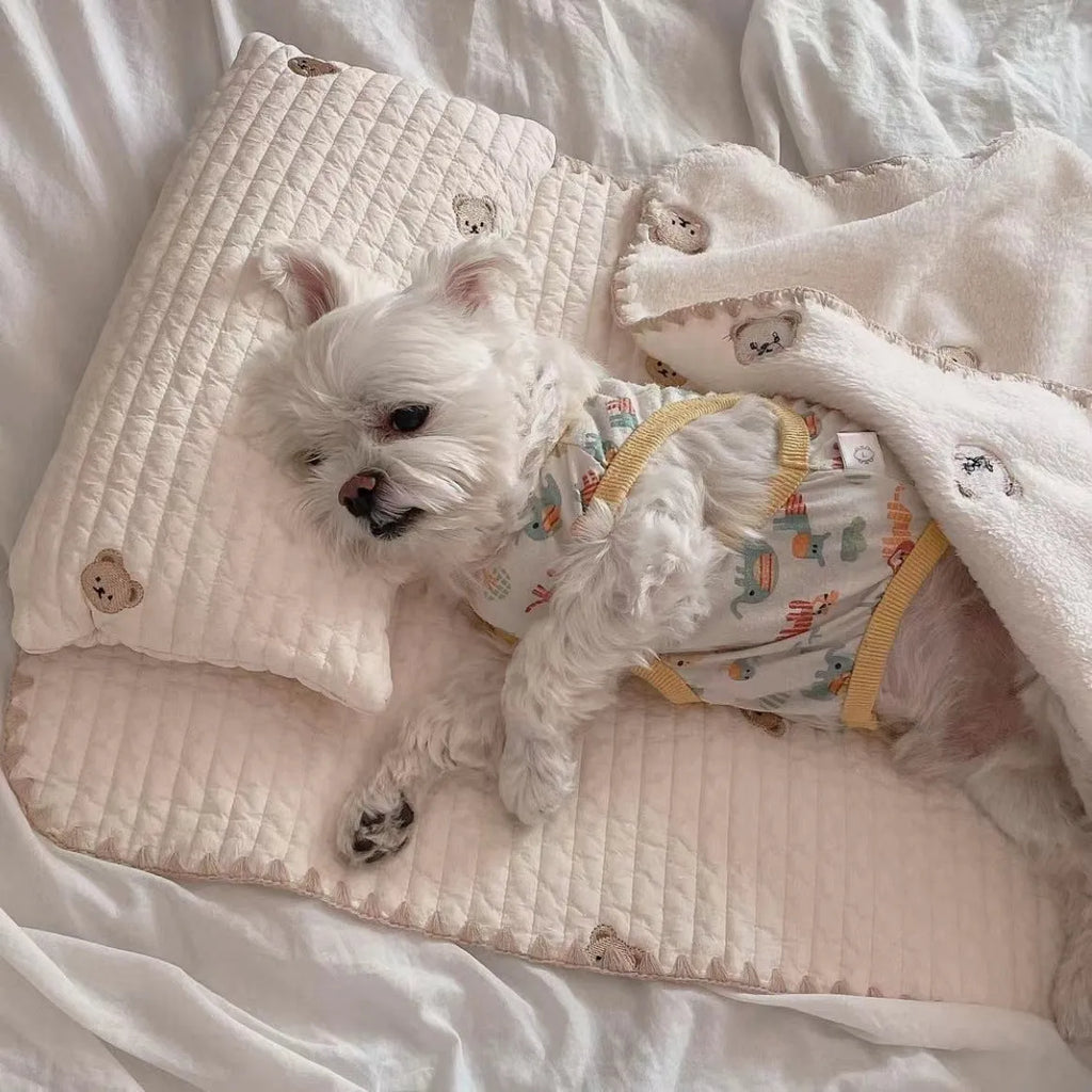 Simple bear print square dog bed set with pillow, mattress, and quilt on a floor.