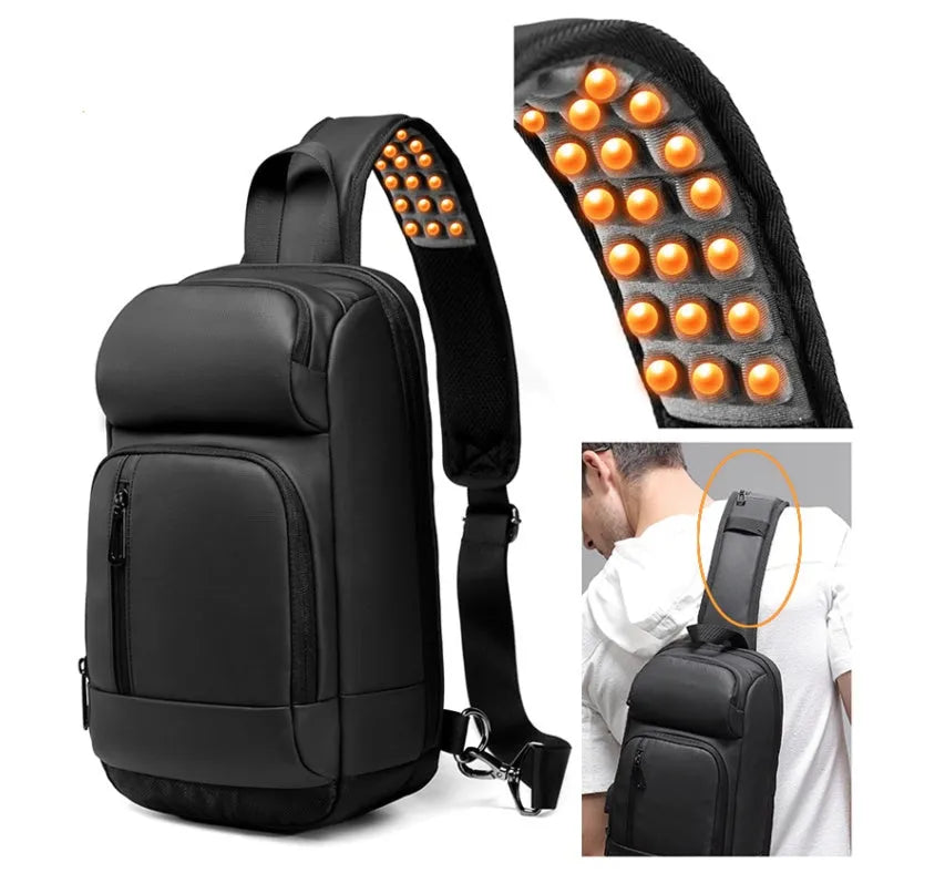 Black medium outdoor shoulder bag with air cushion strap and internal organisers