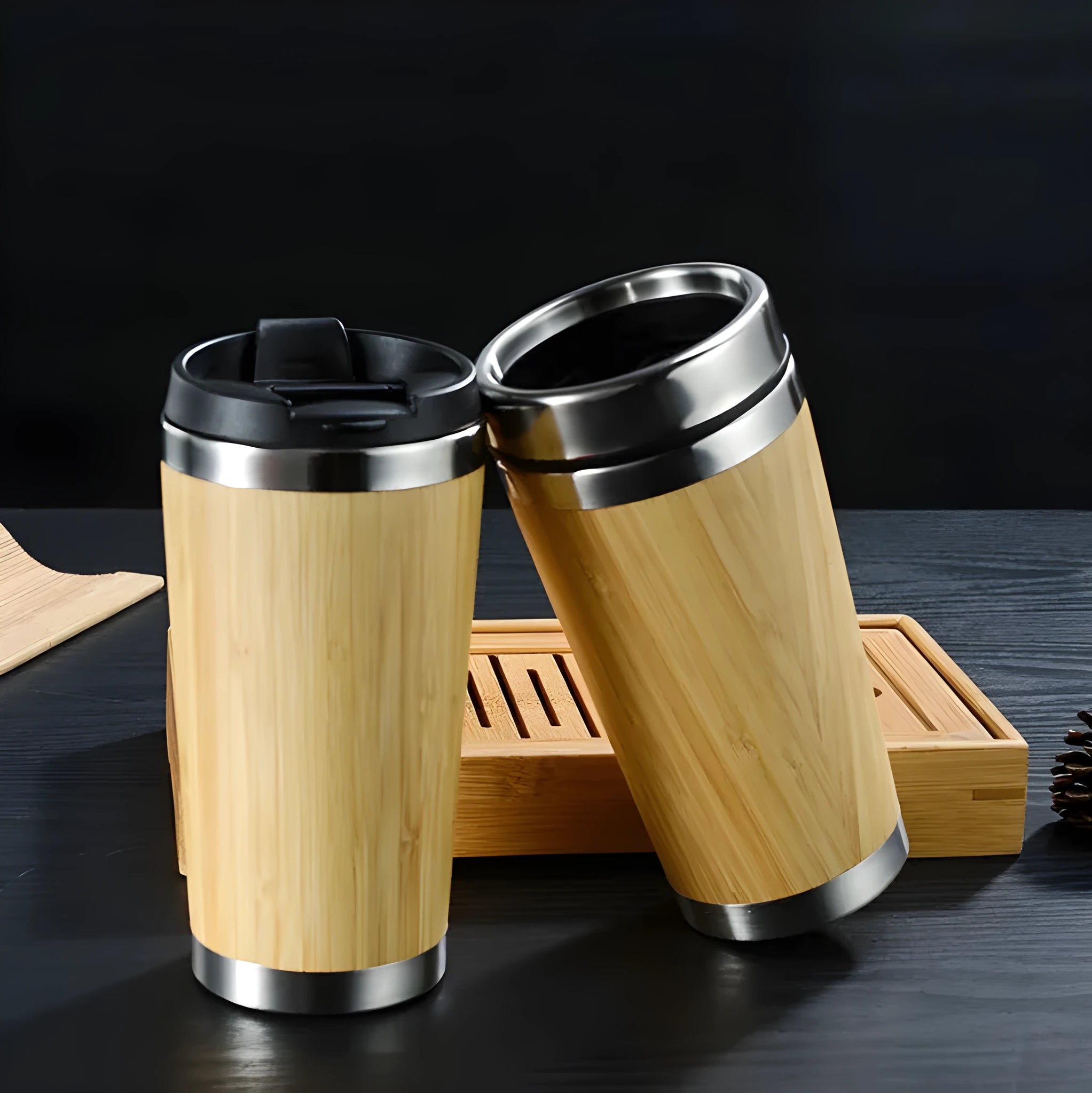 Bamboo coffee cup with double wall insulation, recyclable leak-proof lid, and anti-slip foam pad