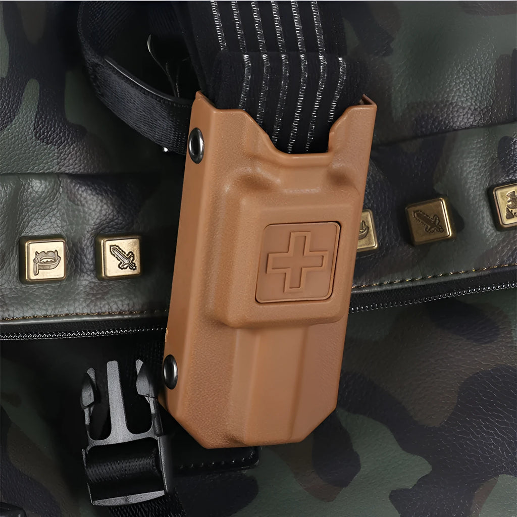 Plastic tourniquet storage box in army green colour for outdoor medical supplies.