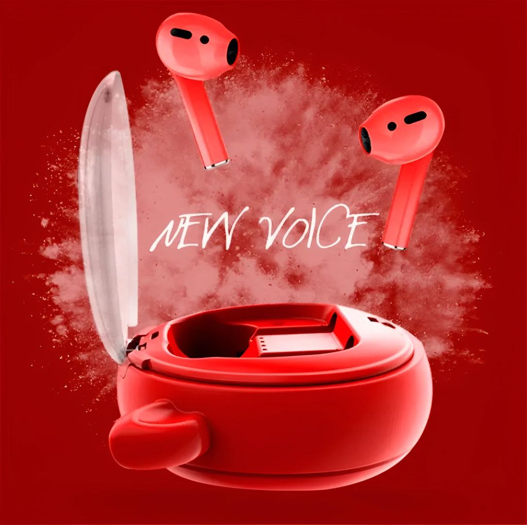 Macaron Red TWS 5.0 wireless Bluetooth earphones with charging case