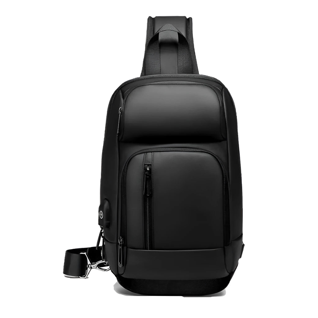 Black medium outdoor shoulder bag with air cushion strap and internal organisers