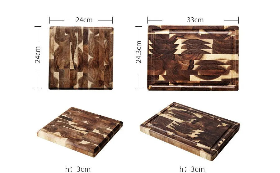 Brown solid wood cutting board with parquet pattern, 3cm thick, on kitchen counter