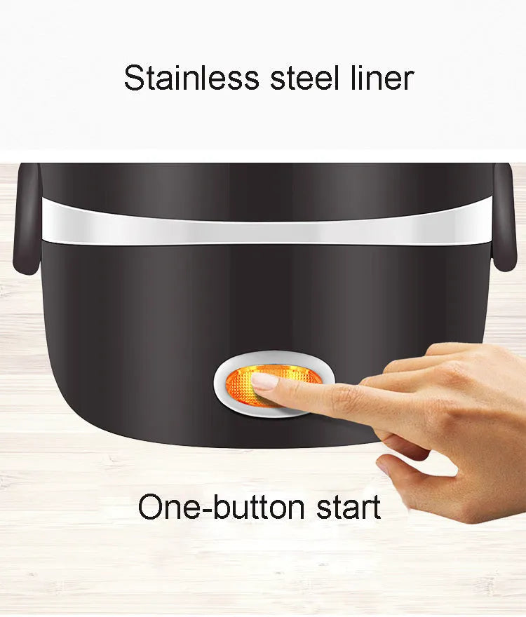 USB-powered lunch box with 200W heating capacity showing two-layer and three-layer configuration options