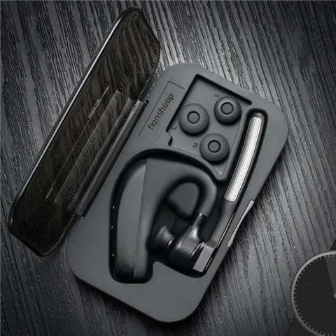 Black wireless Bluetooth headset with charging compartment showing independent ear pieces