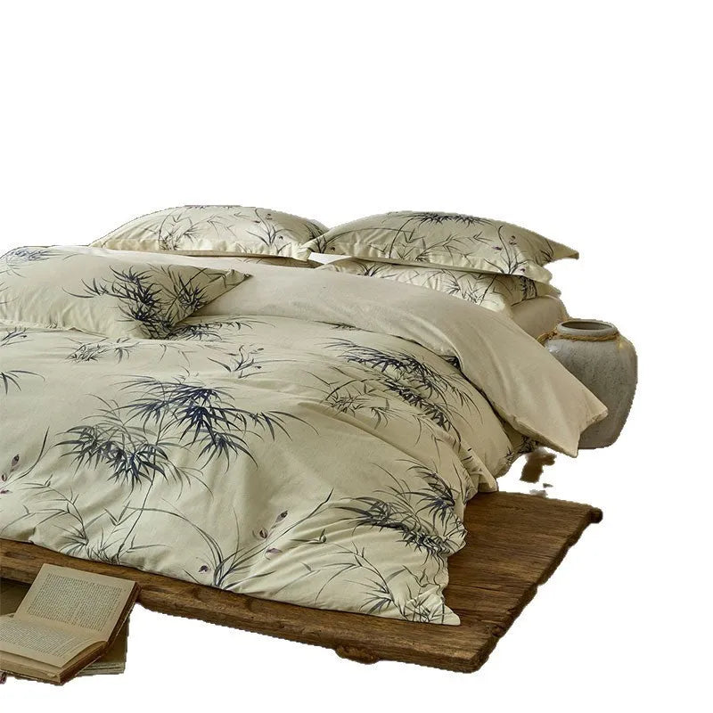 Cotton linen yarn-dyed printed four-piece bed sheet set with plant and flower pattern in beige