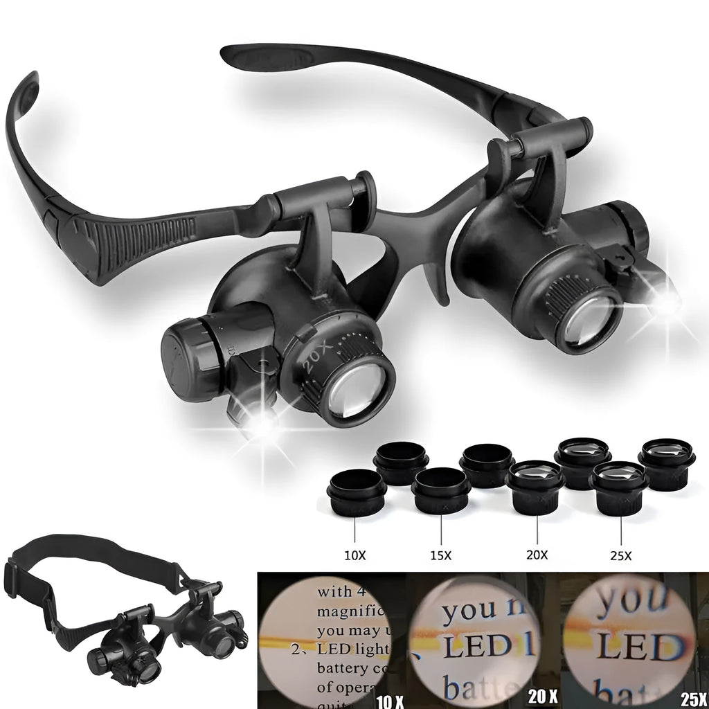 Black hands-free LED magnifying glasses with interchangeable lenses on a headband for watch repair.