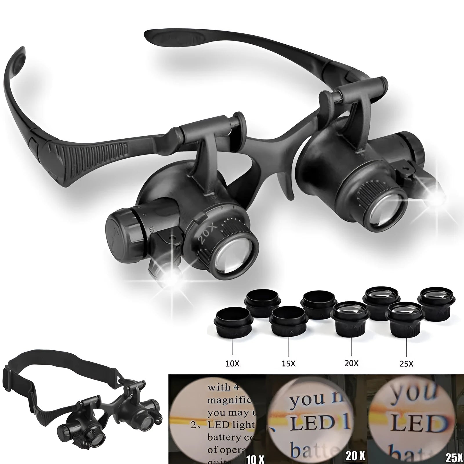Black hands-free LED magnifying glasses with interchangeable lenses on a headband for watch repair.