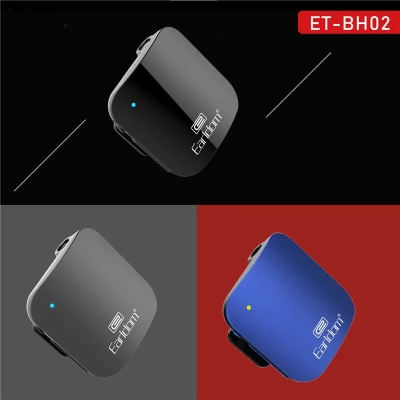 Bluetooth lavalier headset in black, grey, red, or white with 10-metre wireless range.