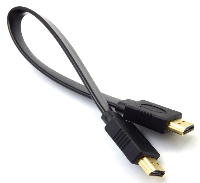 Flat black HDMI cable with gold-plated connectors shown in various lengths on a white background.