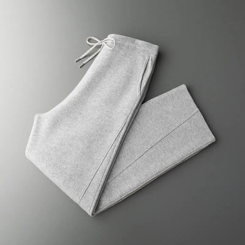 Men's pure wool two-piece set with seamless hoodie and drawstring knitted pants in black, dark grey or light grey
