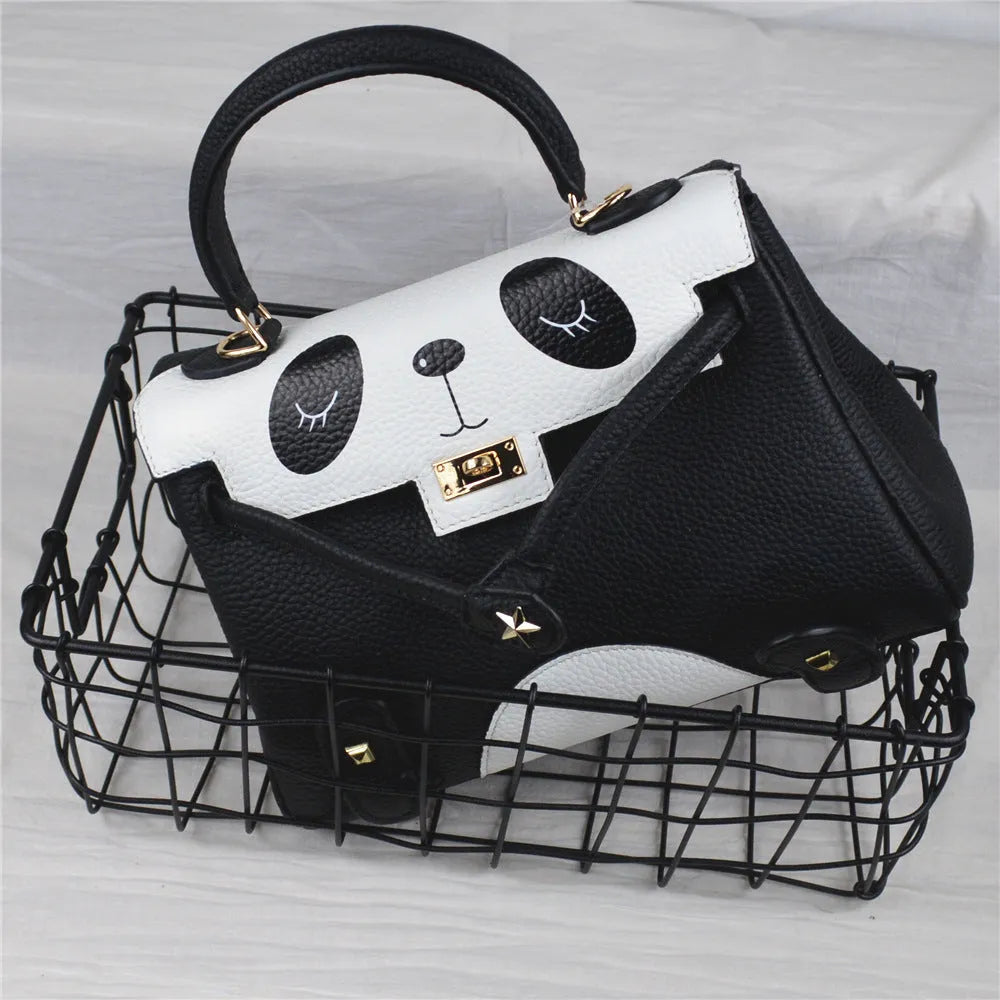 Women's cow leather panda print handbag in a horizontal square shape.