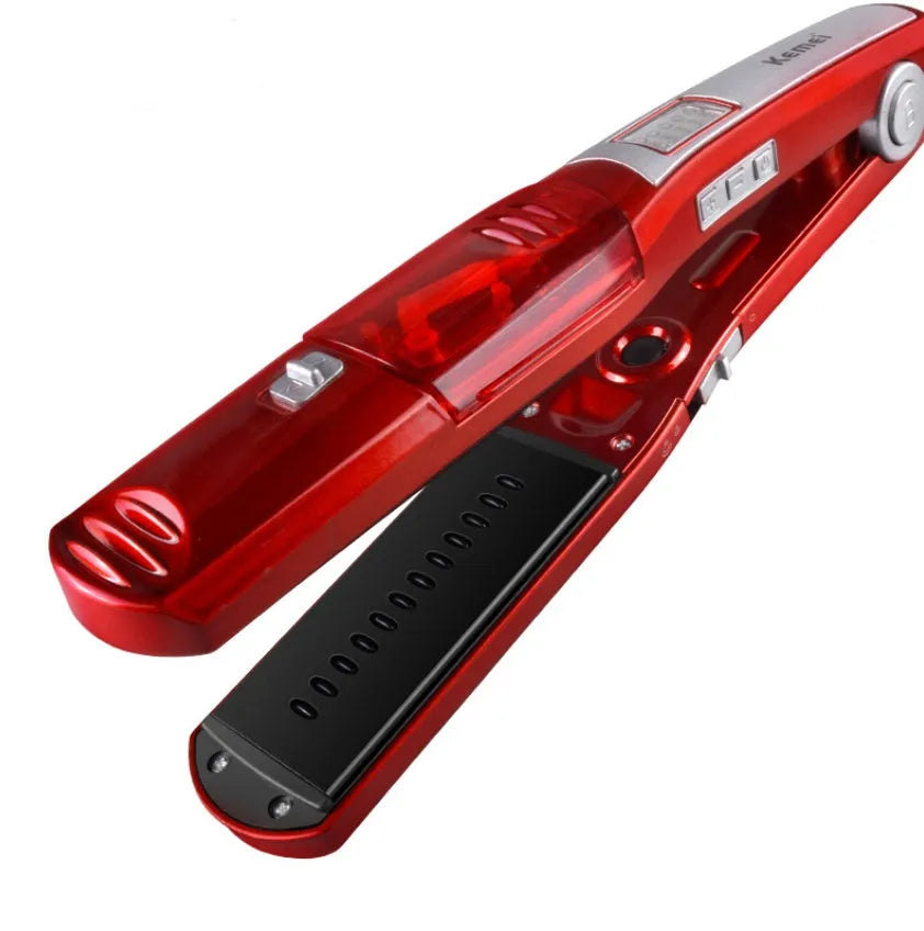 Electric hair straightener with tourmaline ceramic plates, steam hydration, and 10 temperature settings for wet and dry hair