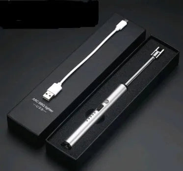 Rechargeable windproof flameless electric lighter with USB charging, zinc alloy shell, and 360 rotation on a black background