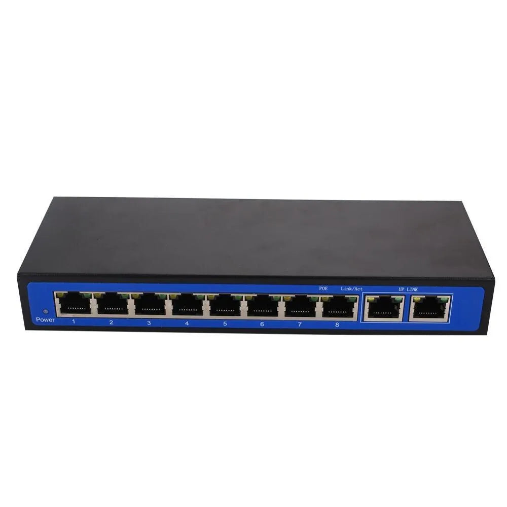 8+2 port 100M POE switch with eight IEEE 802.3af/at PoE ports, two uplink Ethernet ports, and 48V 3A external power adapter.