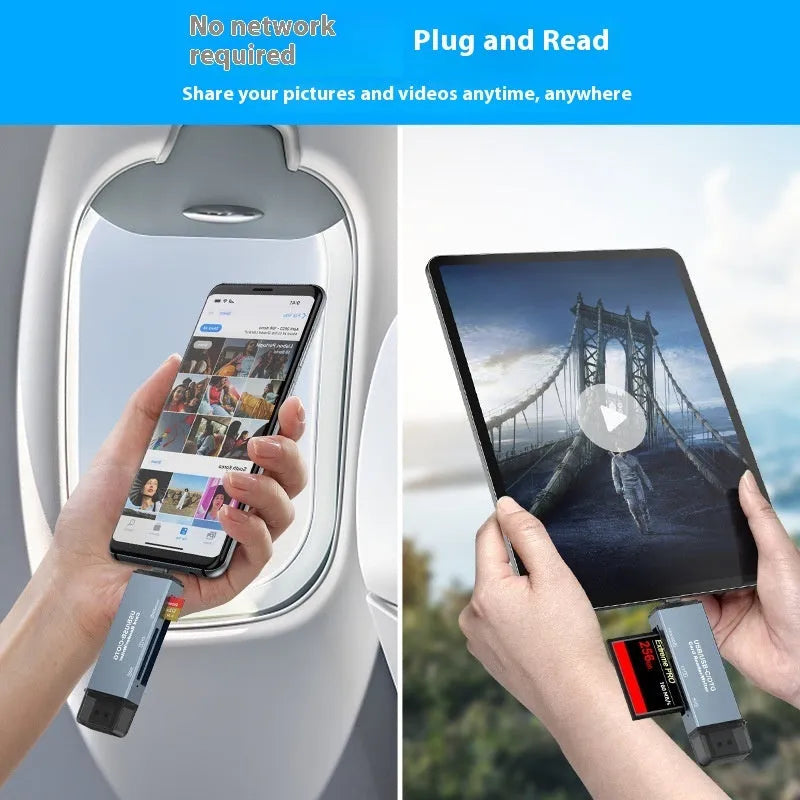 CF SD TF three-in-one aluminium alloy USB card reader shown with dimensions