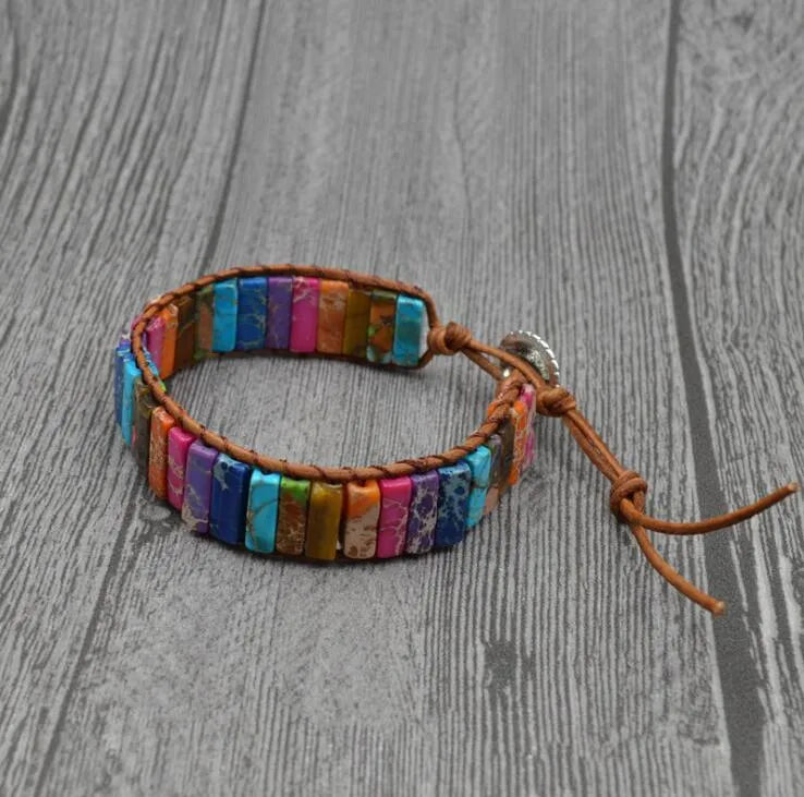 Handmade chakra bracelet with natural stone tube beads and leather wrap, easy-hook clasp, Bohemia style.