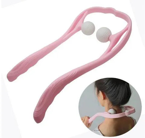 Blue plastic handheld neck massager with adjustable bracket and soft roller head on a white background.