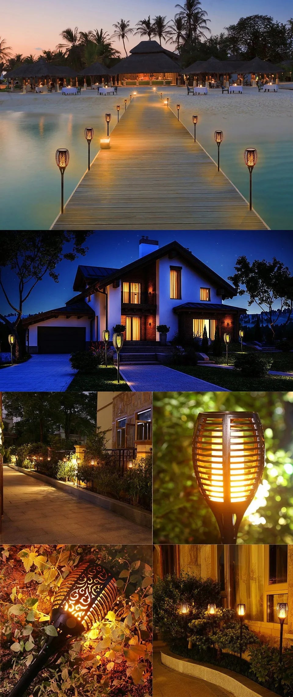 LED solar flame flickering lawn lamp with 96 warm white LEDs, black finish, inserted into grass with realistic dancing flame glow at night