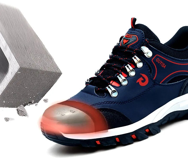 Guisalao men's low-cut safety shoes with steel toe cap and anti-piercing sole, camouflage fur upper.