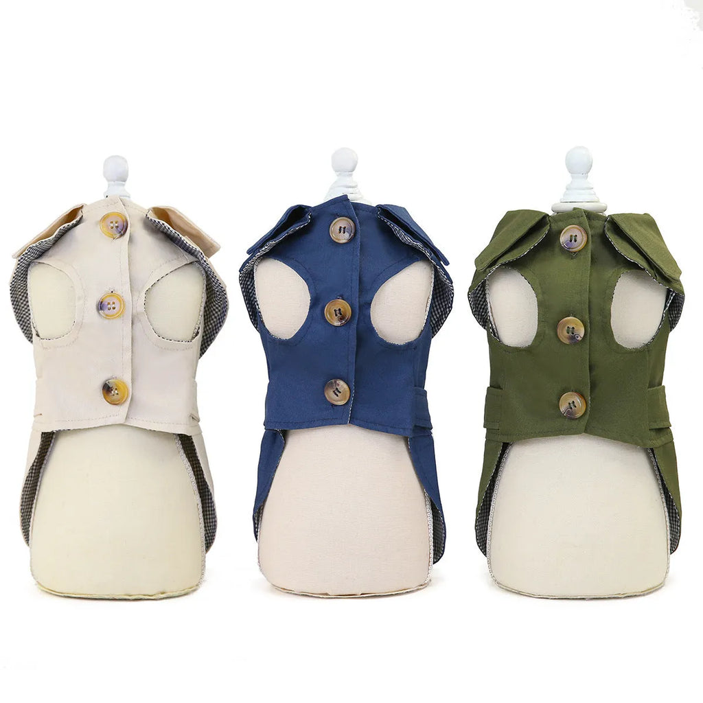 Three-colour windbreaker dog coat for small dogs in blue, green, or khaki, sizes S to XXL.