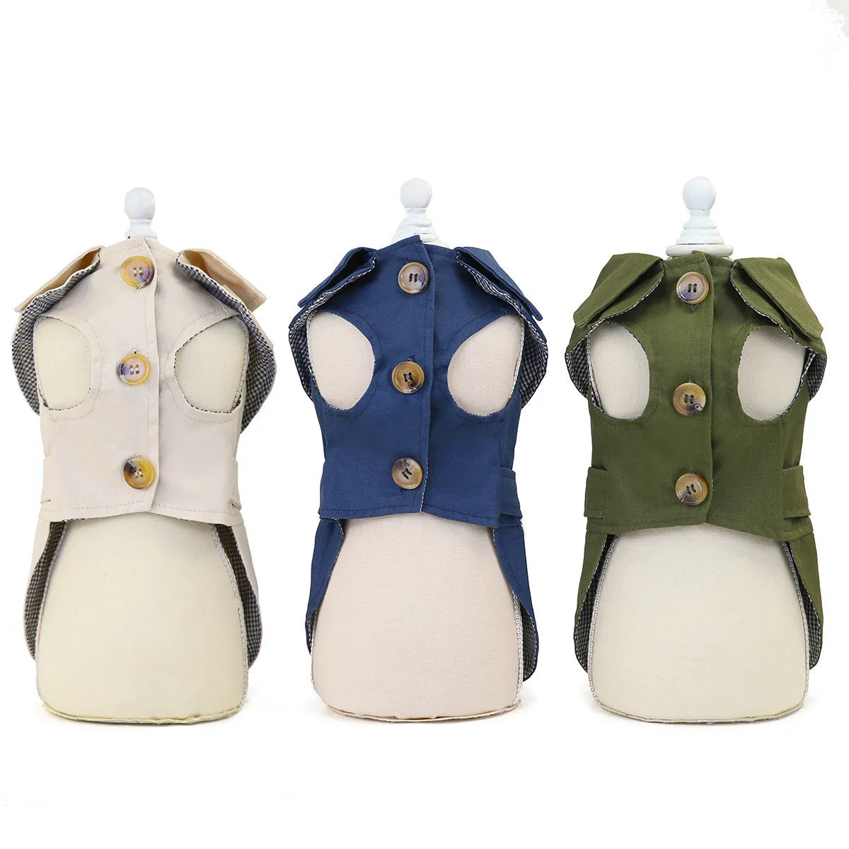Three-colour windbreaker dog coat for small dogs in blue, green, or khaki, sizes S to XXL.