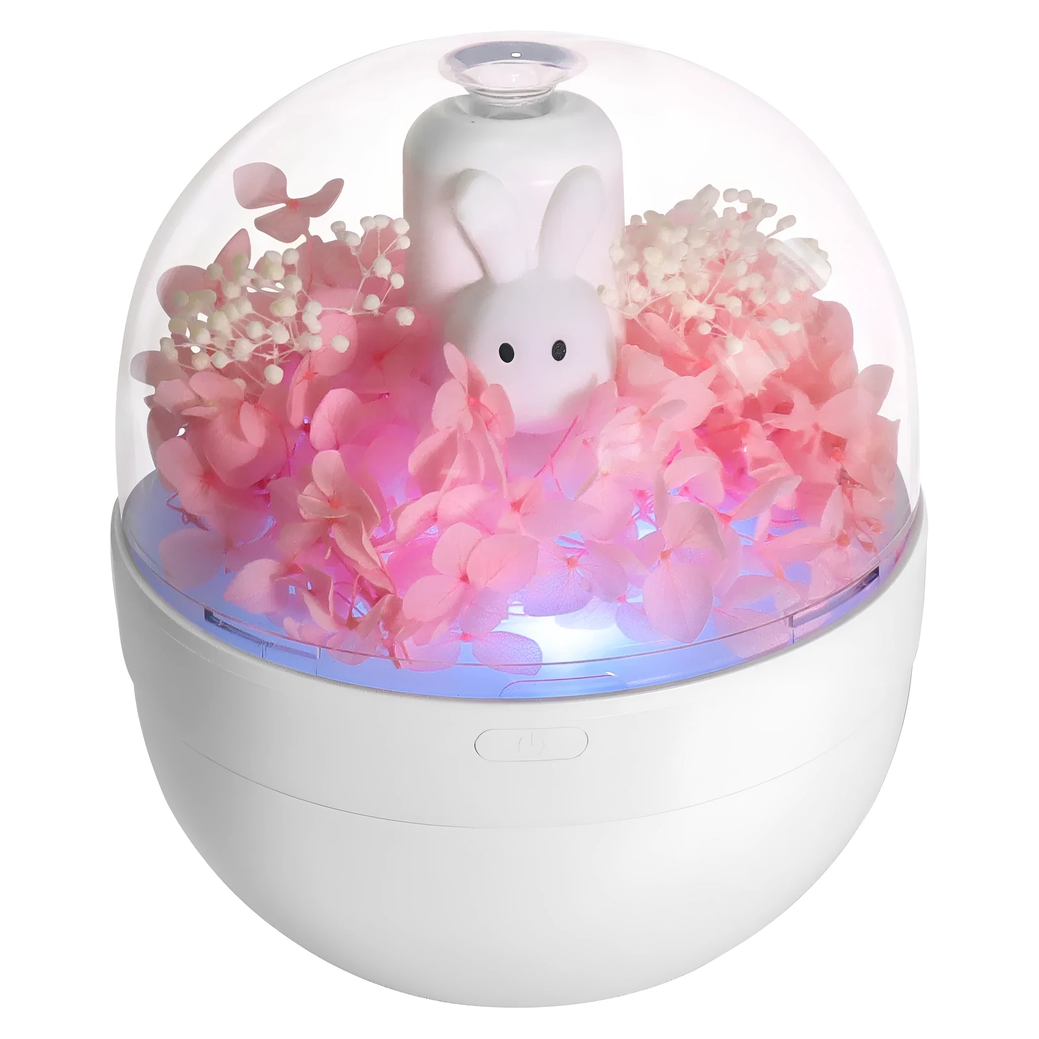 Pink Creative Rabbit aromatherapy humidifier with preserved flowers on top.