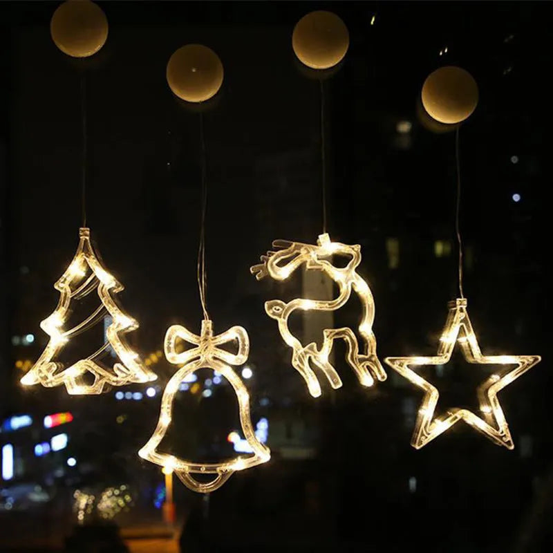 Battery-powered LED Christmas chandelier with suction cups, showing Santa Claus and snowman shapes