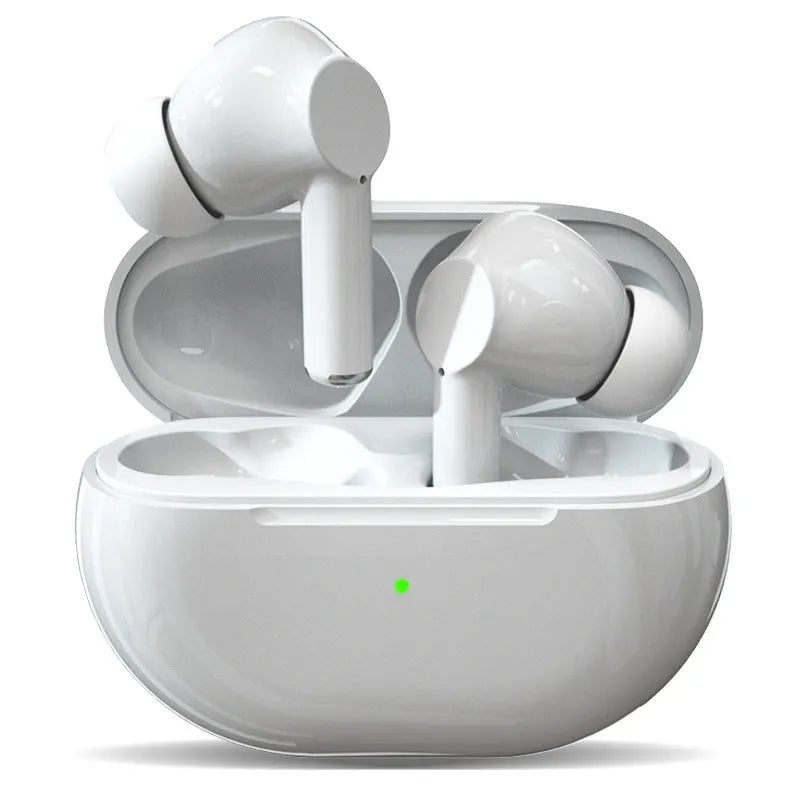 Black and white Pro4 Bluetooth wireless earbuds with their compact charging case on a table.