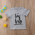 Grey printed cotton t-shirt showing sibling designs available in nine sizes from 60cm to 140cm