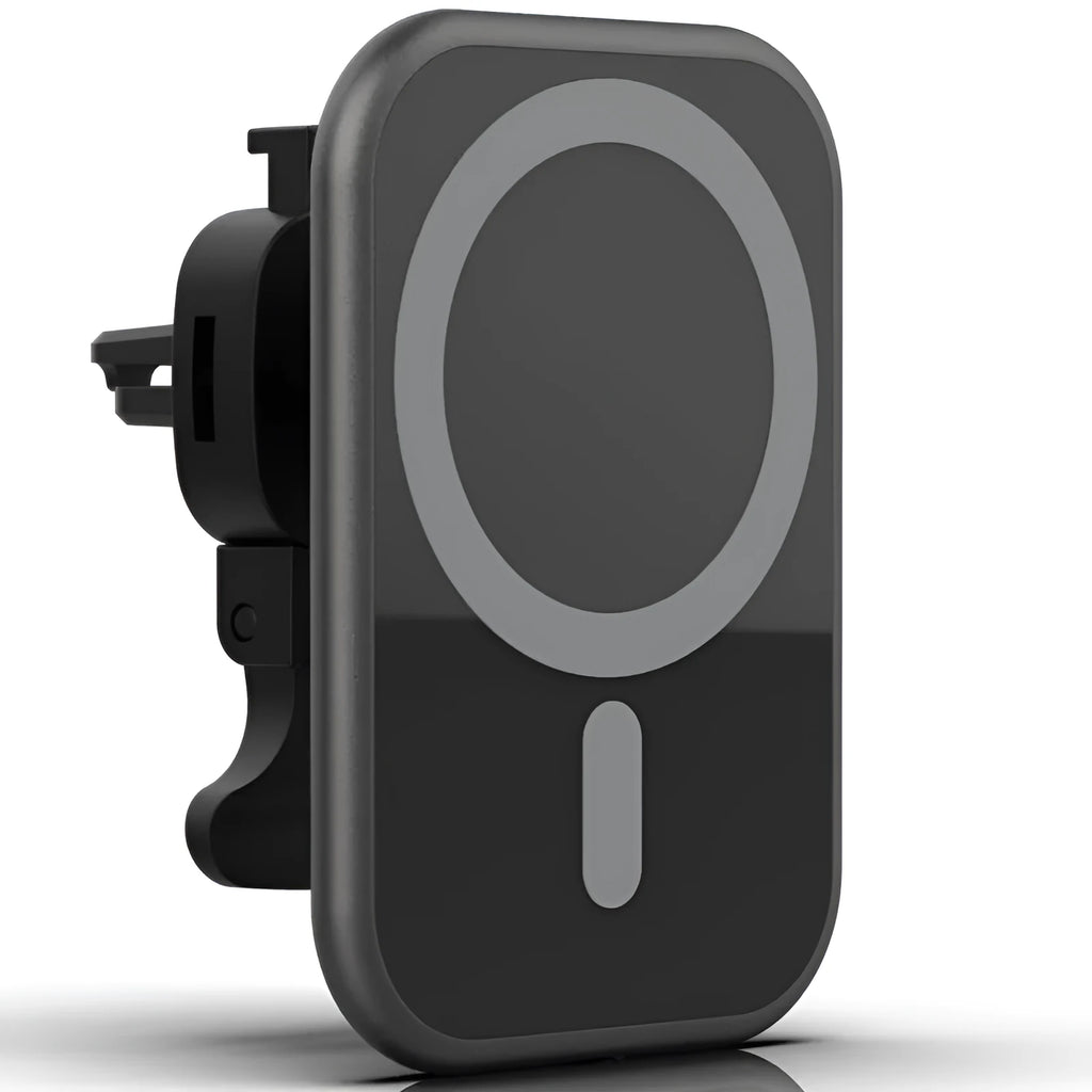 Black magnetic car wireless charging phone holder with USB interface, 15W charging, and indication function for 12V in-car use.