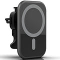 Black magnetic car wireless charging phone holder with USB interface, 15W charging, and indication function for 12V in-car use.